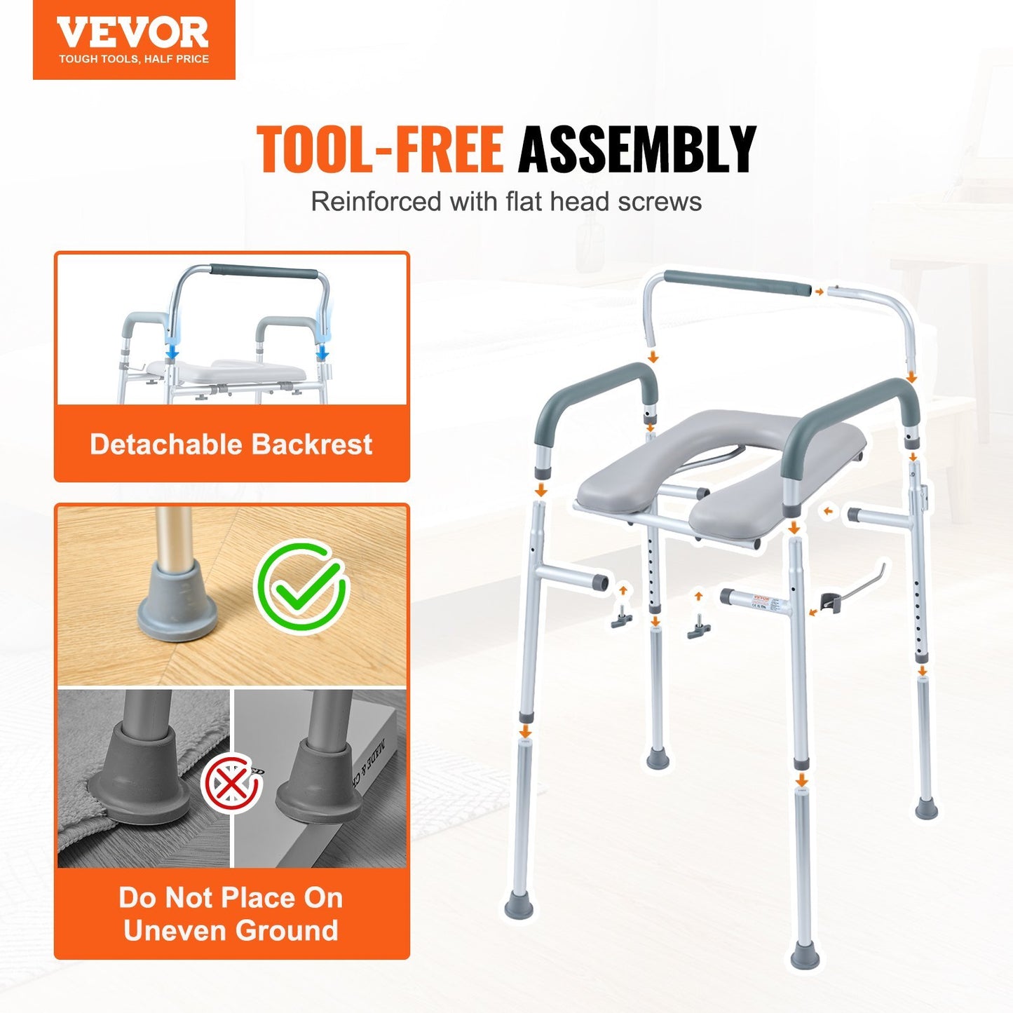 VEVOR Commode Chair, Bedside Commode With Padded Seat And Arms, 7-Level Adjustable Height, 5.8L Removable Bucket, Easy To Assemble, 350 LBS Capacity, Raised Toilet Seat For Adults Seniors