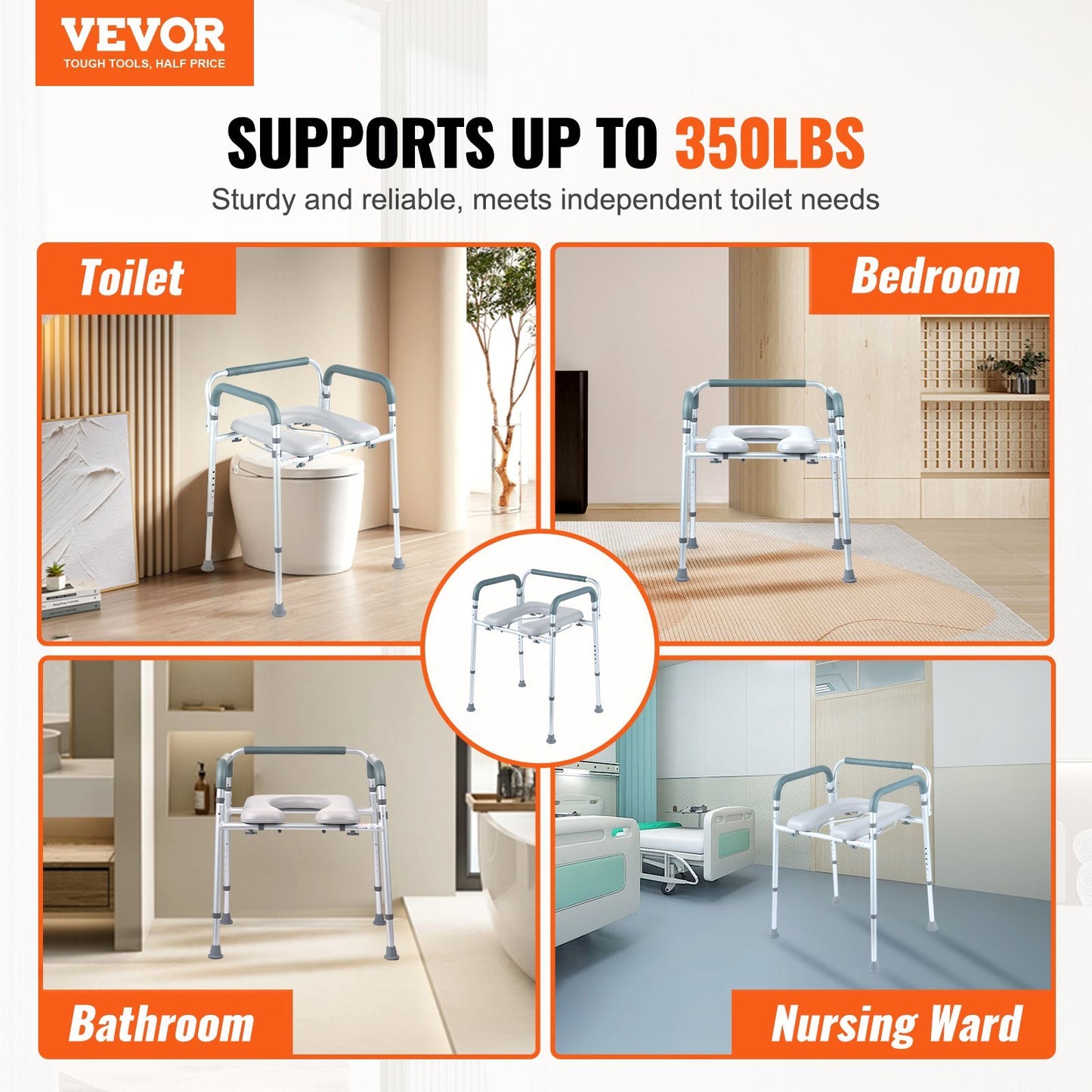 VEVOR Commode Chair, Bedside Commode With Padded Seat And Arms, 7-Level Adjustable Height, 5.8L Removable Bucket, Easy To Assemble, 350 LBS Capacity, Raised Toilet Seat For Adults Seniors