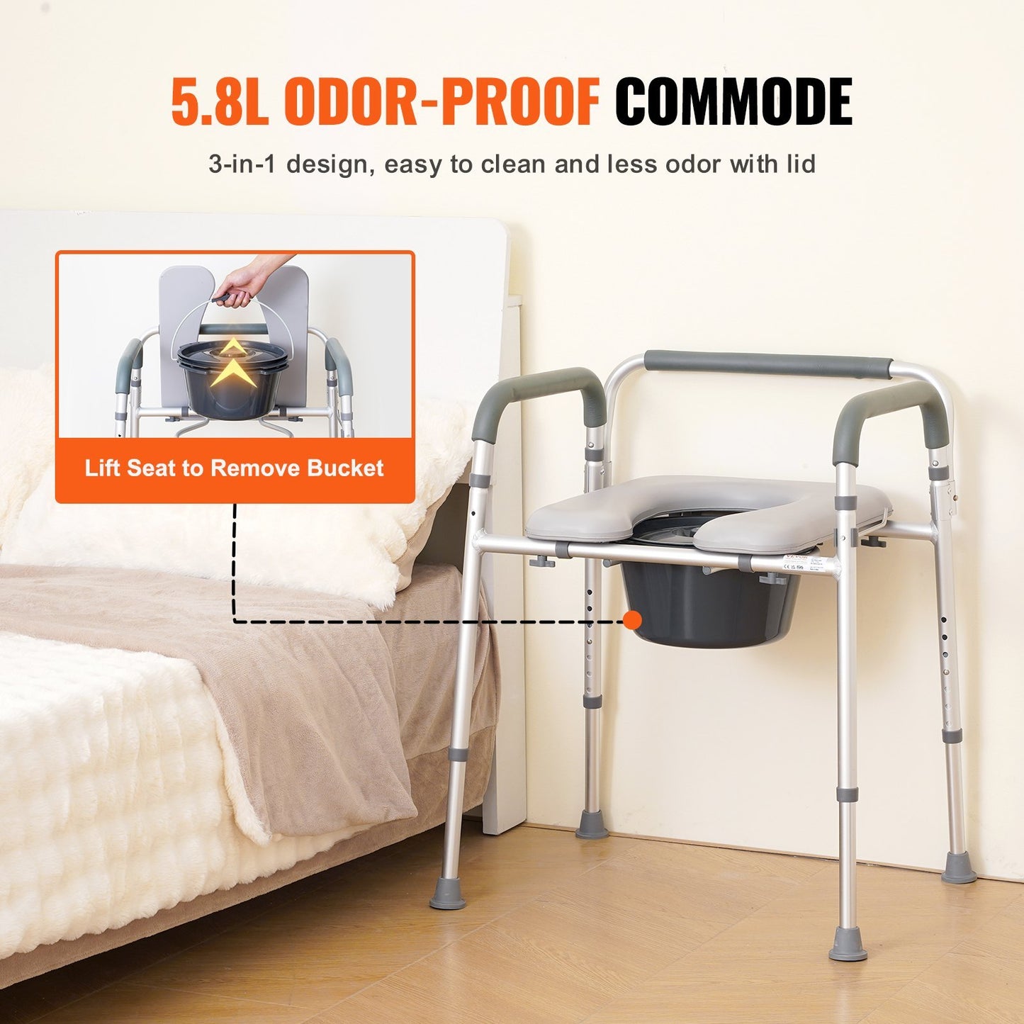 VEVOR Commode Chair, Bedside Commode With Padded Seat And Arms, 7-Level Adjustable Height, 5.8L Removable Bucket, Easy To Assemble, 350 LBS Capacity, Raised Toilet Seat For Adults Seniors