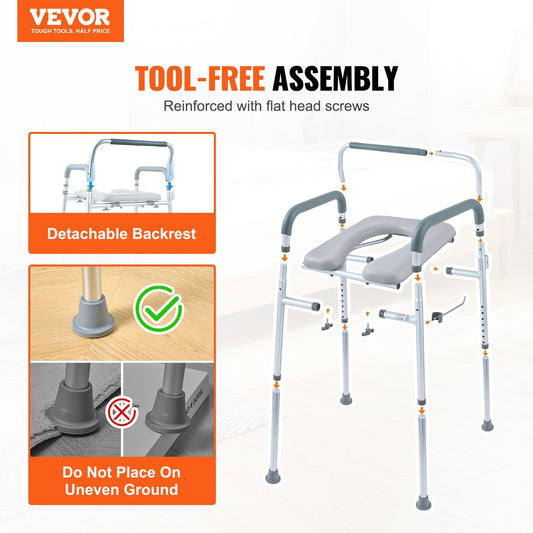 VEVOR Commode Chair, Bedside Commode With Padded Seat And Arms, 7-Level Adjustable Height, 5.8L Removable Bucket, Easy To Assemble, 350 LBS Capacity, Raised Toilet Seat For Adults Seniors