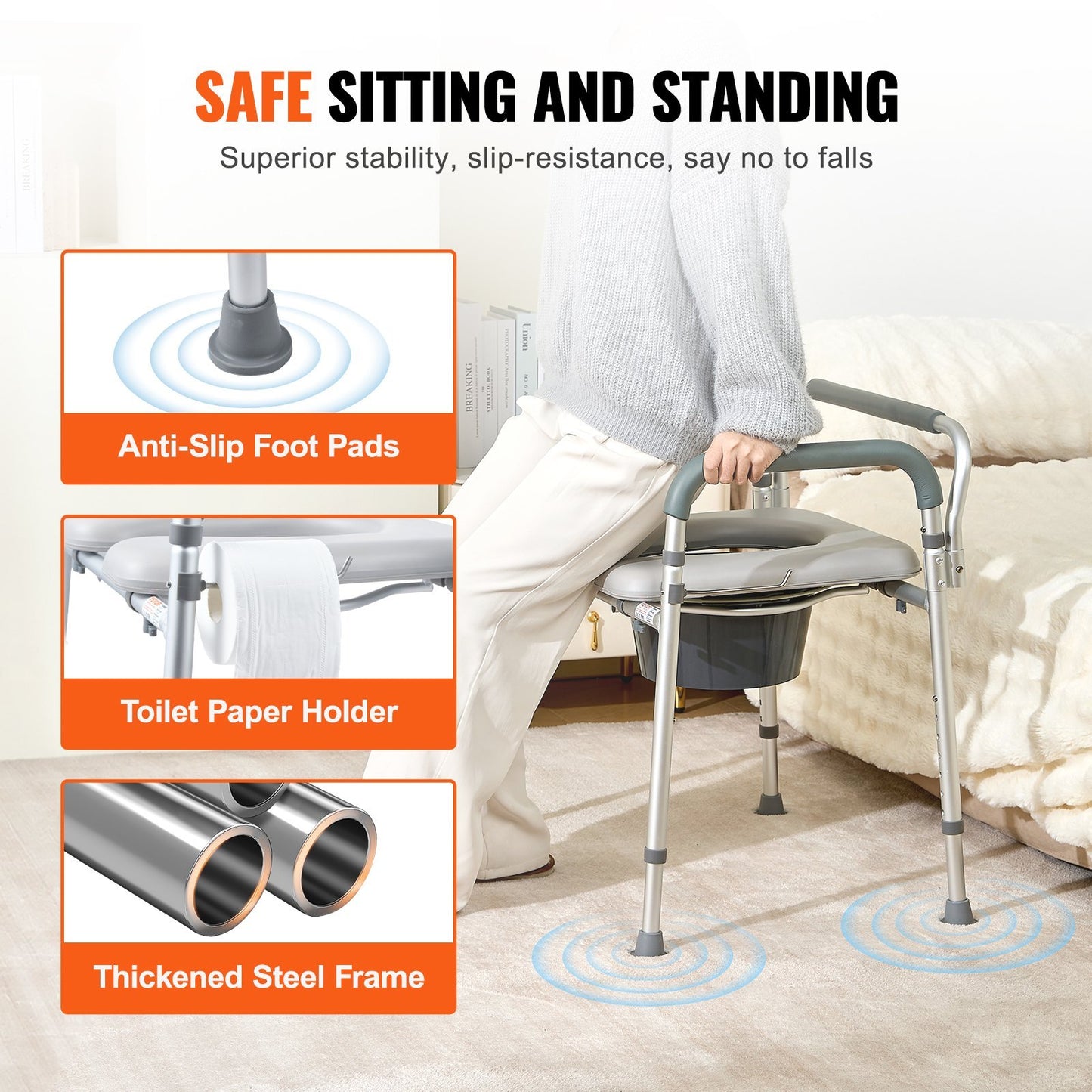 VEVOR Commode Chair, Bedside Commode With Padded Seat And Arms, 7-Level Adjustable Height, 5.8L Removable Bucket, Easy To Assemble, 350 LBS Capacity, Raised Toilet Seat For Adults Seniors